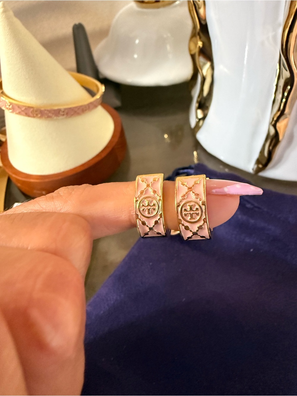 Tory Burch Pink Enamel Logo Huggie Earrings with Gold Trim